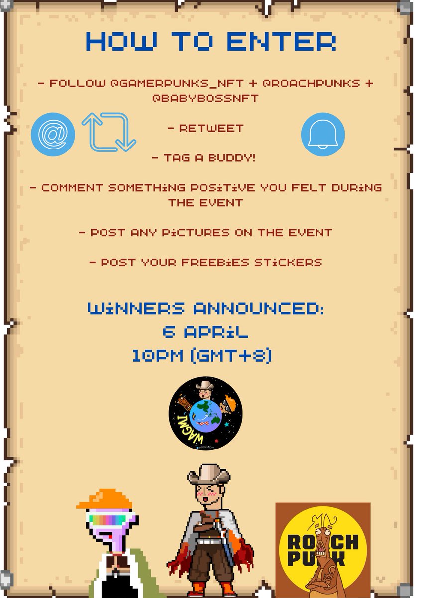The time has come! Those that made it to the event, thank you so much! And here is something from us! Let us know your feedback about the event in the discord too so we can improve!

🎁10 PRIZES!

Follow: 
<a href="/GamerPunks_NFT/">Gamer Punks</a> 
<a href="/RoachPunks/">RoachPunks🪳MINT NOW</a> 
<a href="/babybossnft/">Baby Boss 👶</a> 

Most creative comments win!