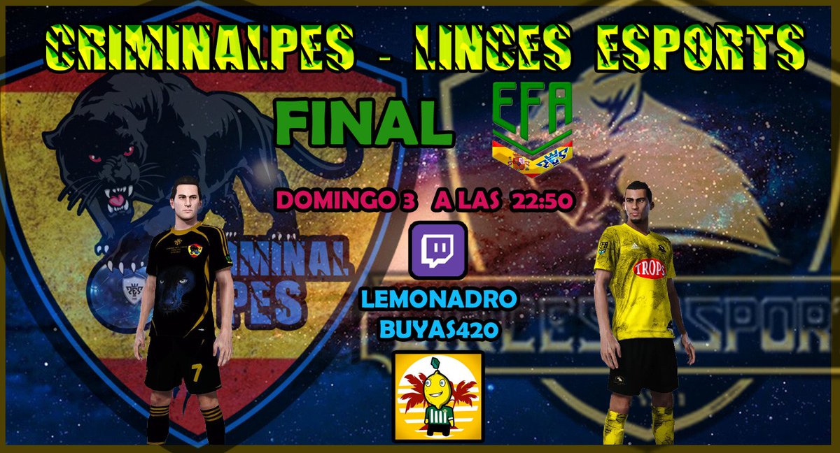 Llegó el gran día. Hoy jugamos la final de <a href="/efaPESespana/">efaPESespaña</a>  contra <a href="/esports_linces/">Linces ESports</a> 
Muchísima suerte a nuestro rival y ojalá demos una gran espectáculo de la mano de <a href="/lemonadro/">Lemonadro</a> y <a href="/BuyaS420/">BuyaS .::((*BirrarealFC*))::.😈🦈⚽🎮</a>