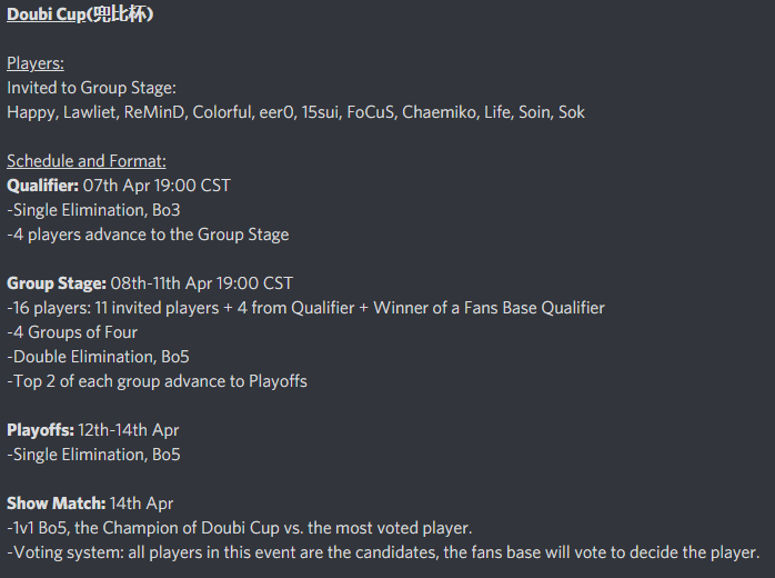 GornlanHarbor's tweet photo. Doubi Cup 兜比杯

Invited players: Happy, Lawliet, ReMinD, Colorful, eer0, 15sui, FoCuS, Chaemiko, Life, Soin, Sok

Schedule: 07th to 14th April

Image for more info! https://t.co/LZw3v1etl9