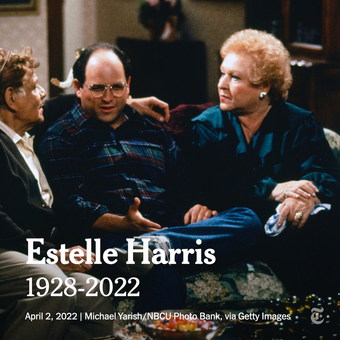 nytimes's tweet image. Estelle Harris, who hyperventilated her way into the hearts of “Seinfeld” fans as Estelle Costanza, the mother of George Costanza, died Saturday.

She wound her way through community theaters and television commercials before her big "Seinfeld" break. nyti.ms/3j5hWrO