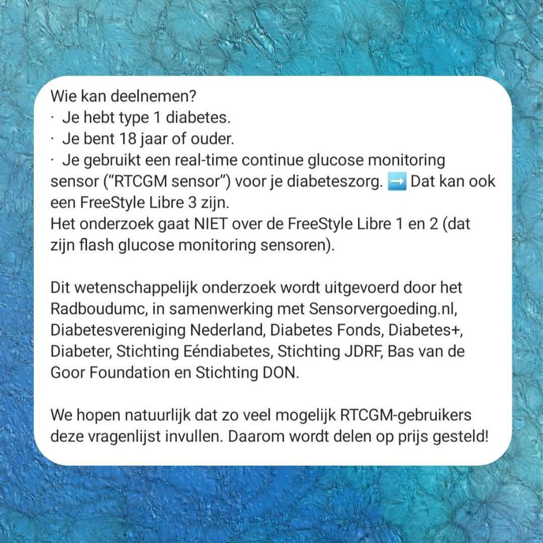 Gebruik jij een RTCGM-sensor?

Je kunt #sensorvergoeding helpen door onderstaande vragenlijst in te vullen.

Het Radboudumc doet wetenschappelijk onderzoek naar kwaliteit van leven bij RTCGM-sensorgebruik!

De vragenlijst ➡️ data.castoredc.com/open-survey/8B…

 #cgmforall