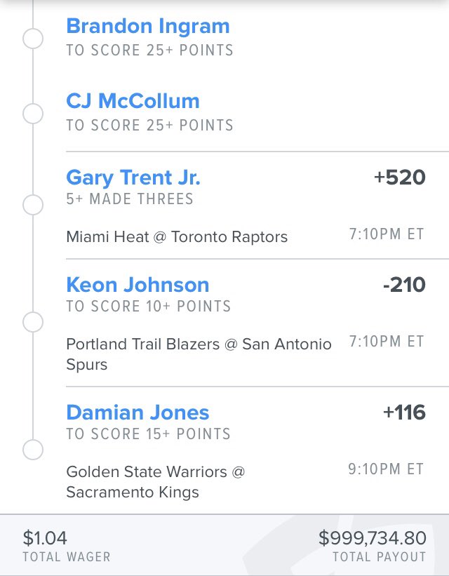MCbets__'s tweet photo. 🚨 Risk $1.04 to win $999k🎟

Back to the well with some guys but extended the legs and lowered their props. 

Happy Sunday everyone! Gonna be one to remember!!

#GamblingTwitter #NBA75 #AmericanIdol #NBATwitterLive #bettingpicks #bettingtwitter https://t.co/3E9RfINiWi