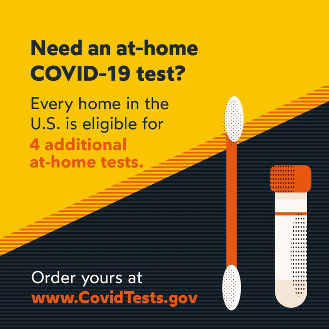 MassGov's tweet photo. Every U.S. household can order an additional set of 4 at-home COVID-19 tests from the federal government. This means every home is eligible to receive a total of 8 free tests. Order at https://t.co/flSeUxuPmF. For help placing an order: 1-800-232-0233 https://t.co/CZoNQn7fai
