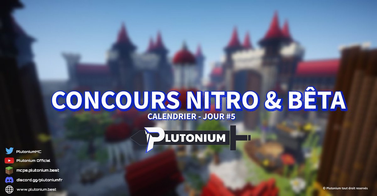 Bonjour ! Nous vous proposons un deuxième #Concours !

🎁 Récompenses à gagner : 
 - 4 Nitro Classic
 - 10 Bêta Test V4

🔗 Pour participer c'est simple :
 - RT ce Tweet
 - Follow <a href="/PlutoniumMC/">Plutonium</a>

Affiche des résultats dans 48h00 !
Rendez-vous demain pour le Jour #6 qui sera spécial