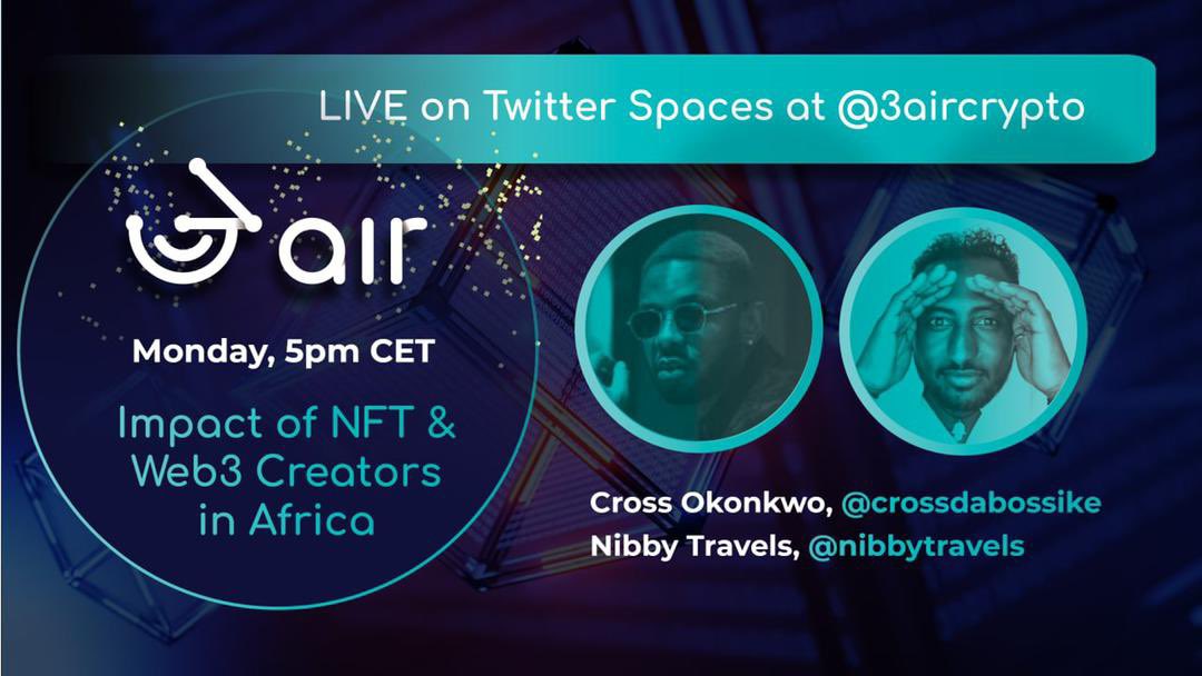 crossdabossike's tweet image. Hey 🎤 LIVE Twitter Space 🎤
Join us for our next discussion Live on Twitter Spaces about the Impact of NFT and Web3 creators in Africa with special guests!

@crossdabossike
@nibbytravels
@decentralizeEA
@sandibitenc

When? Monday, 5pm CET, 3pm UTC