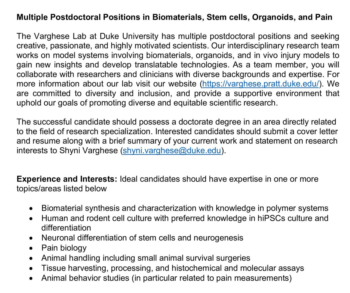 We have multiple postdoctoral openings <a href="/LabVarghese/">Varghese Lab</a>  <a href="/DukeU/">Duke University</a>. Details in the attached flyer. RT and referrals are highly appreciated.