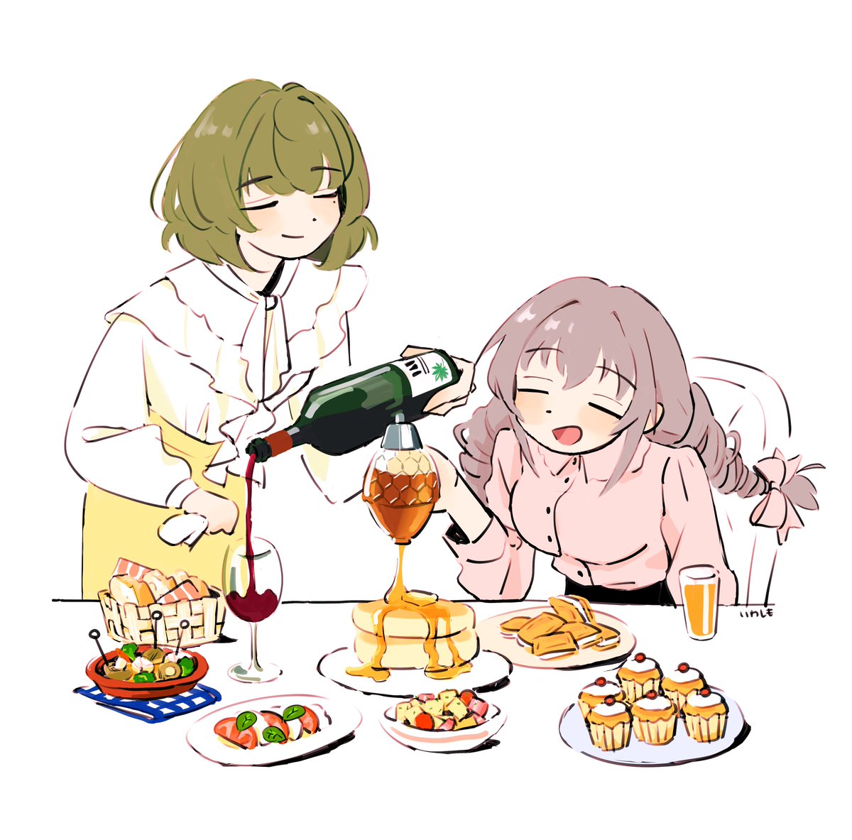 takagaki kaede multiple girls 2girls alcohol food closed eyes bottle drinking glass  illustration images