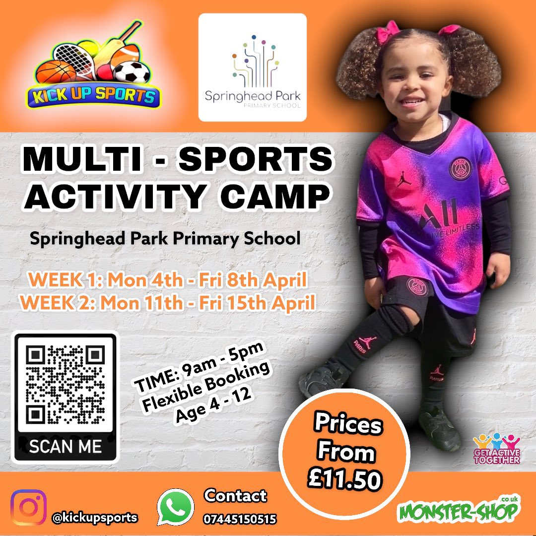 Kickup Sports Activity Camp @ Springhead Park (Northfleet) 

📲 SPACES AVAILABLE- Half and Full Days 

✅ 2 Weeks Full Camp 

✅ 9am - 5pm

💰Prices from £11.50

🔗 Book here now: kickup-sports.class4kids.co.uk