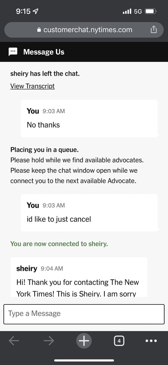 XuanLi_'s tweet photo. Have you ever been held hostage by a bot before? Been trying to cancel @nytimes sub for 20+ min now. This is crazy bad https://t.co/tHH1yrY6pq