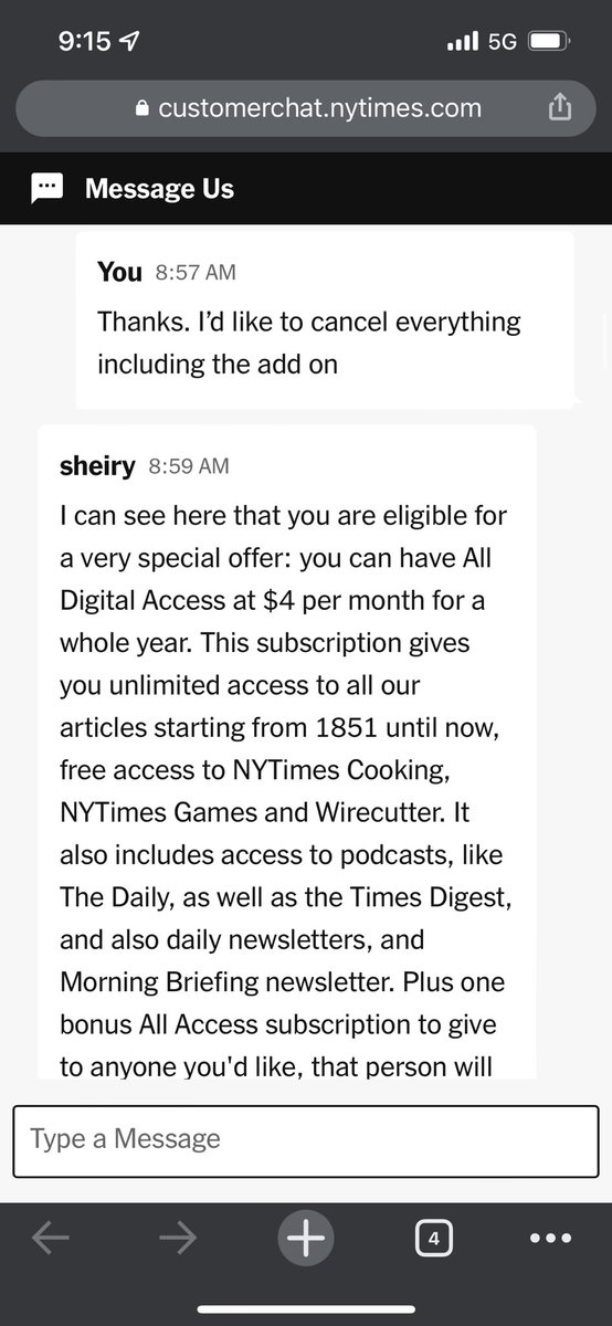 XuanLi_'s tweet photo. Have you ever been held hostage by a bot before? Been trying to cancel @nytimes sub for 20+ min now. This is crazy bad https://t.co/tHH1yrY6pq