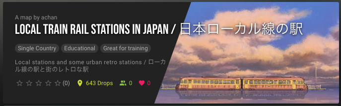 achanjp19's tweet photo. 新しいマップを公開しました
📍日本ローカル線の駅
Local train rail stations in Japan
地域でドロップ数に偏りがないように
と増やしていったらどんどん増え…
また時間がある時に改良します🙇♀️
#geotastic #ジオタステック
#usermap #地理ゲーム https://t.co/eYycyjLmBh