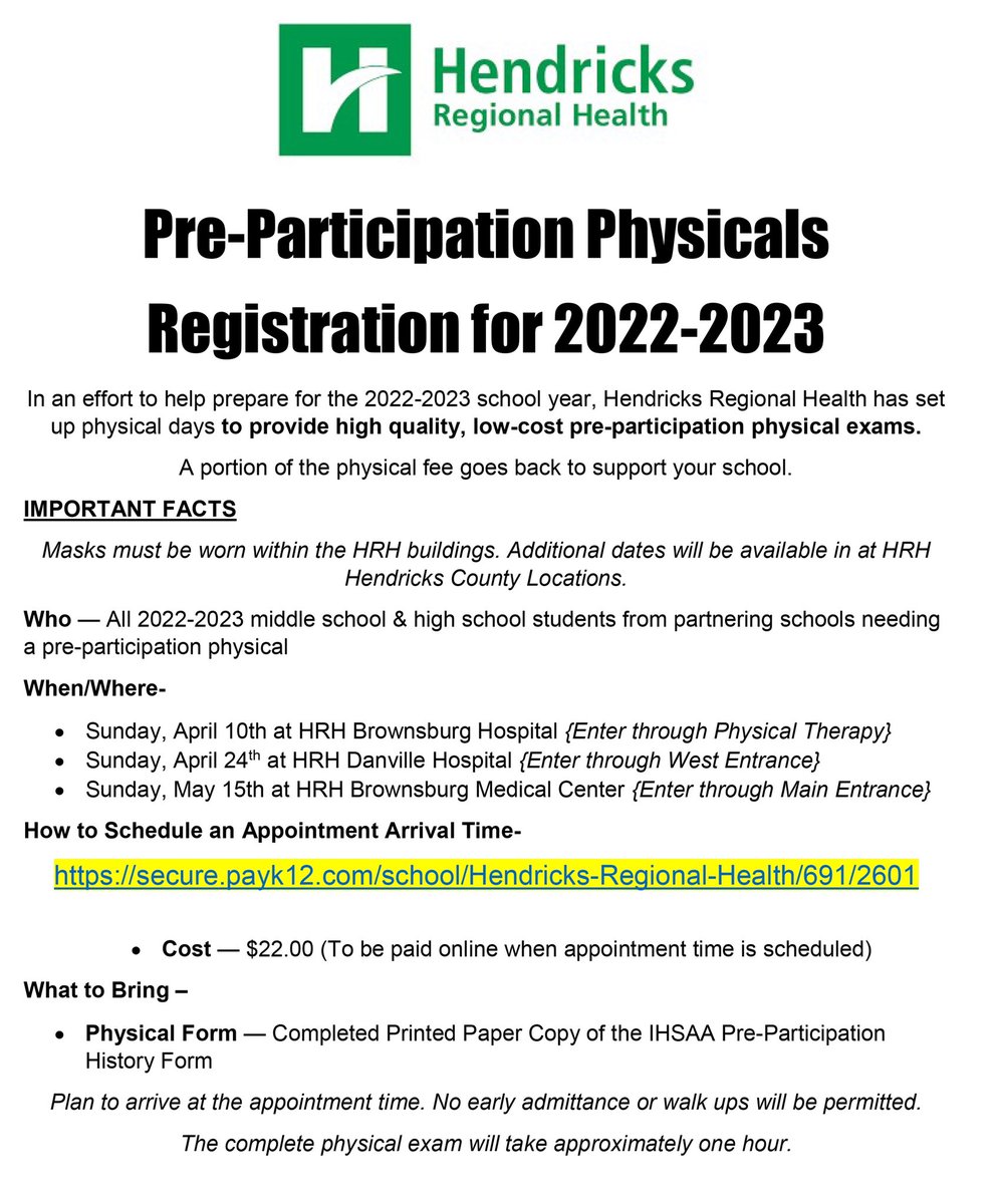 bhsdogs's tweet photo. Be sure to sign up to receive a sports physical offered by @HendricksHealth.

🔗: https://t.co/EyPYrvV41F https://t.co/X7hnnTIqBH
