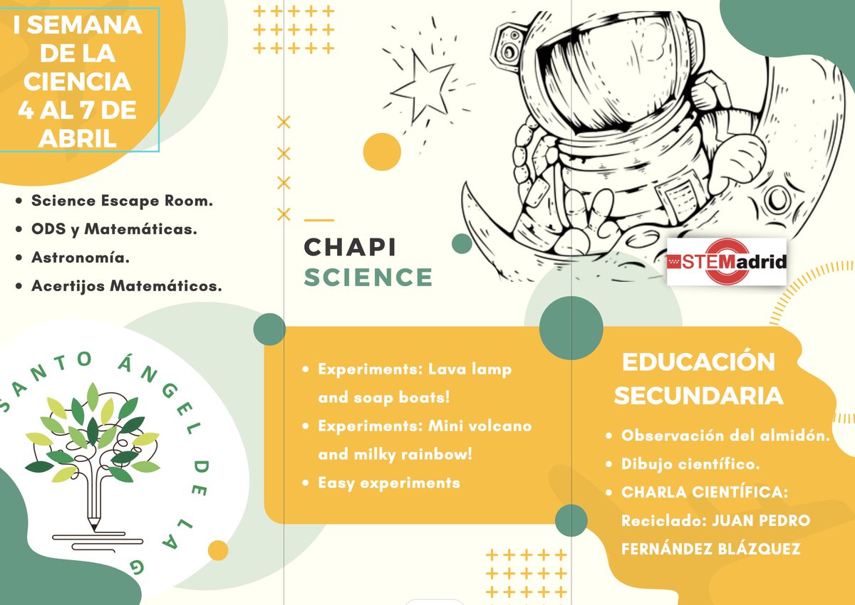 Llega nuestra I Semana de la Ciencia, dentro de las acciones propias del proyecto STEMadrid. Cuatro días lleno de experiencias, talleres, naturaleza, geometría, astrología, reciclaje…la ciencia llega al Santo Ángel!! #STEMadrid #semanadelaciencia #somossantoangel #ikigai