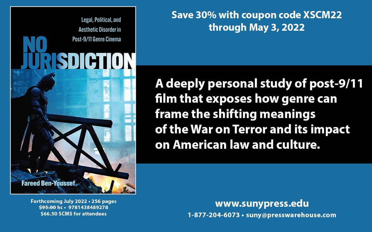 Fareedonfilm's tweet photo. Now, you’re probably asking yourselves, “but what does No Jurisdiction’s cover look like?”
Good news! The fine folks at @SUNYPress have whipped up a flyer just for #scms2022.
It’s got it all: Batman, a blurb, and a sweet, sweet discount code.
Use it by May 3, 2022 & save! :) https://t.co/GZjQiYFAJU