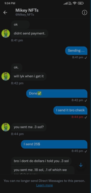InvestigatorSol's tweet photo. 🚨 SCAMMER ALERT🚨 

@Mikey_NFTs
 
This guy is making fake giveaways with large prizes to drive more attention, but never draws the prizes with twitter picker, instead he makes fake accounts and tags them. Besides this, he is also scamming innocent people. https://t.co/iuGns5KCGu