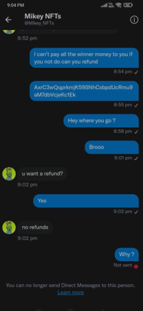 InvestigatorSol's tweet photo. 🚨 SCAMMER ALERT🚨 

@Mikey_NFTs
 
This guy is making fake giveaways with large prizes to drive more attention, but never draws the prizes with twitter picker, instead he makes fake accounts and tags them. Besides this, he is also scamming innocent people. https://t.co/iuGns5KCGu