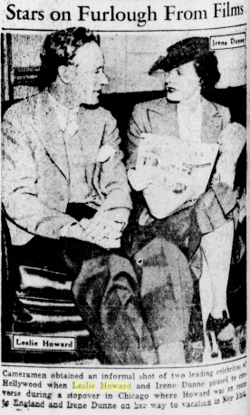 Actor, Leslie Howard, with Irene Dunne at a chance meeting on a stopover in Chicago. #classicmoviestars #Britishfilm #LeslieHoward #AshleyWilkes #oldHollywood #oldmovies #Britishmoviestar #GWTW #GONEWITHTHEWIND #Britishactor #pimpernel #irenedunne #ashleywilkes