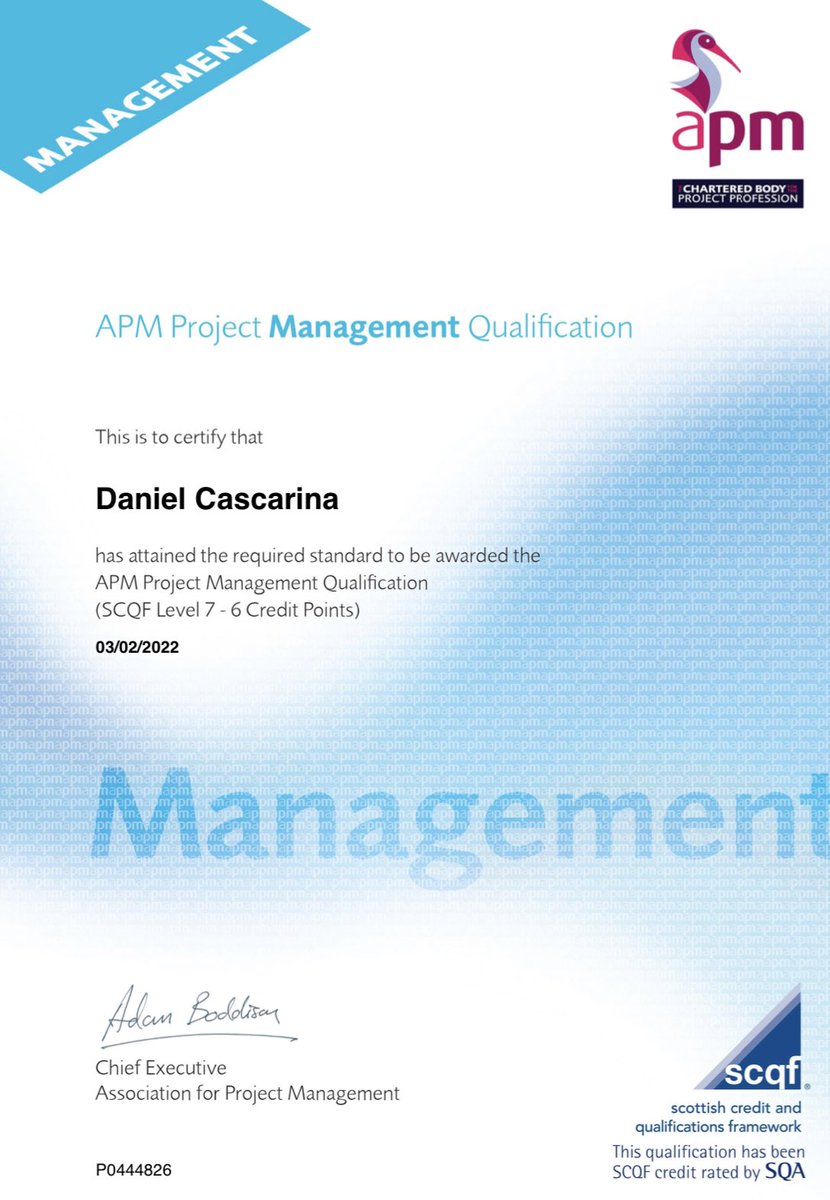 DCascarina's tweet photo. Don’t often do this but I’m actually pretty proud I’ve passed my #APM #ProjectManagementQualification exam first time - studying for this whilst working full-time was not easy for my ageing brain 😅 https://t.co/3URubmfTWS