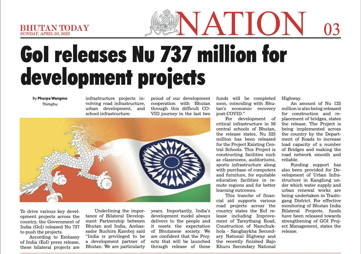 IndiainBhutanCG's tweet image. Bhutan Today news report of date on the provision of GOI development grant of Nu 737 million for key infrastructure projects of Bhutan.

#DevelopmentPartners

@MEAIndia @PMBhutan @FMBhutan @DrSJaishankar