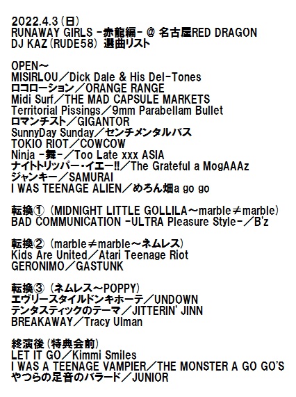 KAZRUDE58's tweet photo. 2022.4.3(日)
#RUNAWAYGIRLS -赤龍編- @名古屋RED DRAGON
DJ KAZ(RUDE58) 選曲リスト
#めちゃはぴ名古屋遠征
※POPPY企画なんで夏っぽいのと、デジタルなのと、カヴァー多めで。と、今回もまた演者さん・お客さん問わず、ところどころ私信セレクト入れ込んでます。ご査収ください。 https://t.co/IRRxZApMMA