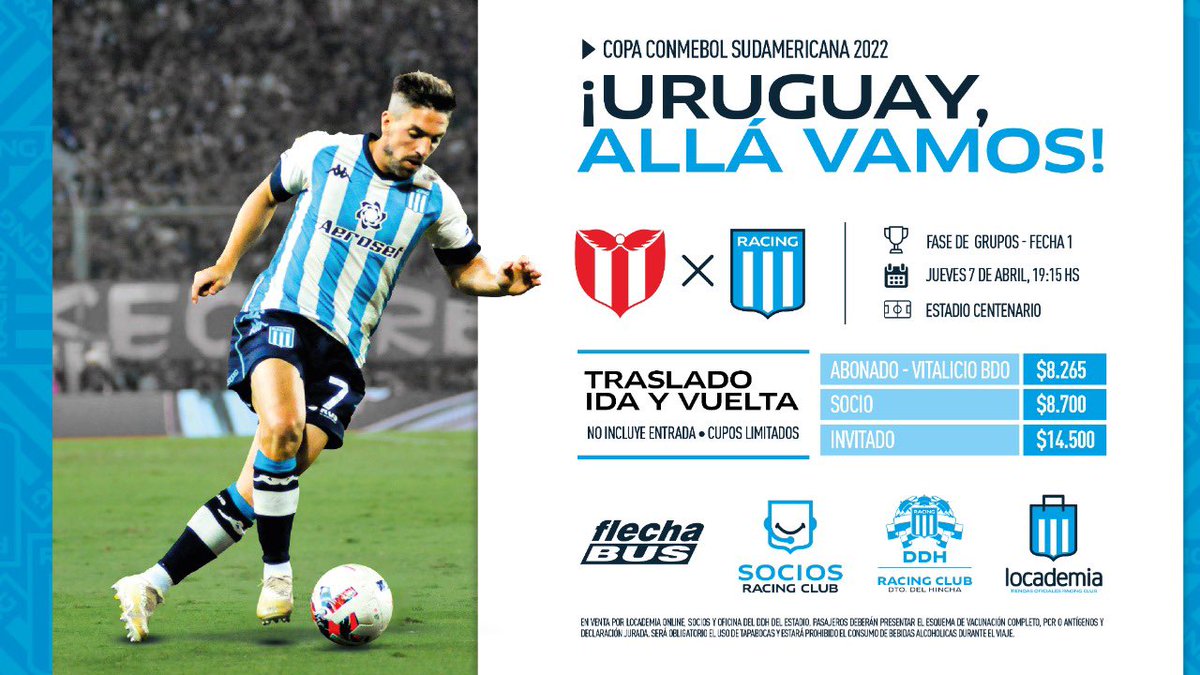 DDHRacingClub's tweet photo. ¡Vamos a Montevideo! 🚌🇺🇾

Ya están disponibles los últimos lugares disponibles en @LocademiaRacing online

Entra ya y no te quedes sin el tuyo
👉🏼 https://t.co/Axeq4bjVUU

Viaja a ver @RacingClub con #Racing https://t.co/mqivl9b22G