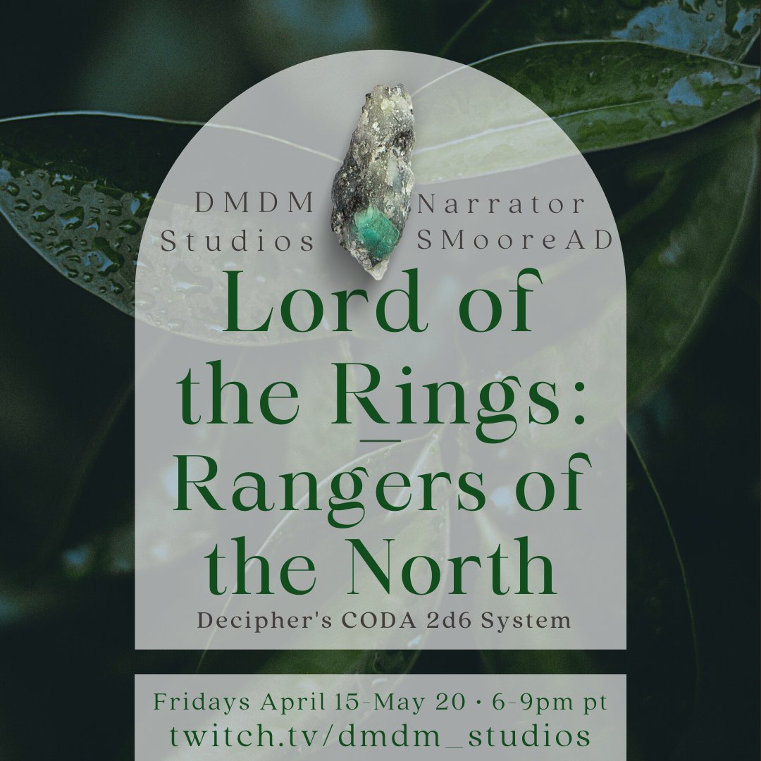 A most excellent fellowship has answered the call and our all femme Rangers of the North will be telling a new #TTRPG #LOTR story on Friday April 15th! Thanks to <a href="/dmdmstudios/">💀Necronomulous🫀</a>!  <a href="/aminstrelstale/">🌈Minstrels🪶Tale 🌈 (is trying their best)</a> <a href="/luluinwa/">Lulu</a> <a href="/courtgames/">Court 🌿</a> <a href="/jj_cray/">Lucky JJ 🍀😜🇵🇦</a> @lydiasnerdverse <a href="/impoppyfield/">Nixon</a> and Ark!