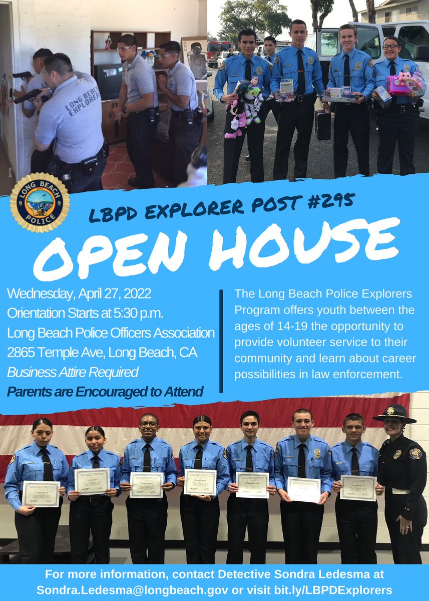 LBPD's tweet image. Do you know a 14-19 year-old looking to make a difference in our #LongBeach community⁉️  We're looking for candidates for our #LBPDExplorers program❗⁠⁠

📅 Applications due April 20
🗓️ Open House on April 27 at 5:30 p.m.

For more info and to apply➡️ bit.ly/LBPDExplorers