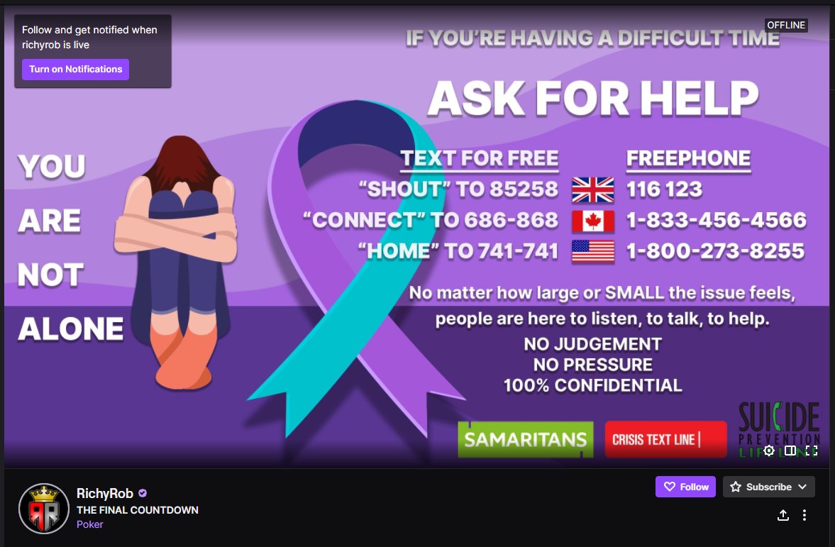 RichyRobRR's tweet photo. Day 2 of streaming retirement

Made a twitch stream banner for when I'm offline (a lot at the mo). Raising awareness for #SuicidePrevention and helping those with depression and having a hard time 💜

Please RT for awareness, I will make custom versions for FREE for everyone 💜💜 https://t.co/Env5xS9CpO