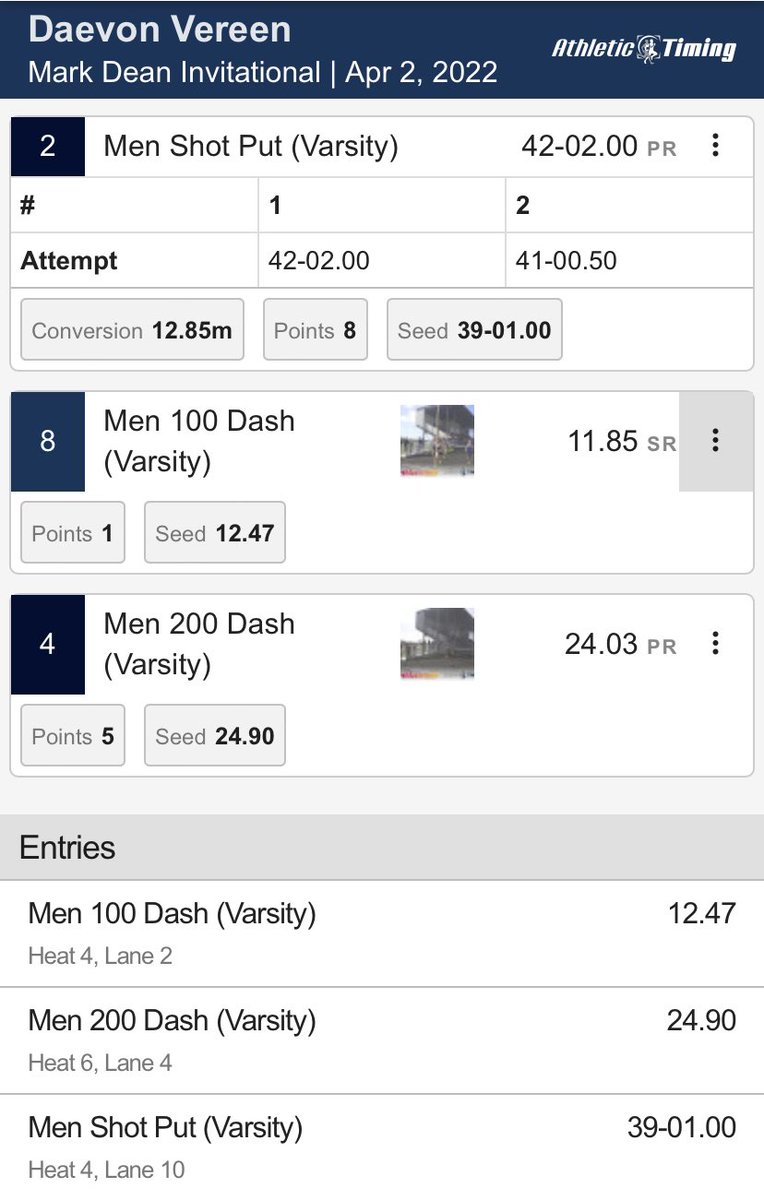 DaevonVereen's tweet photo. Started out the track season with a bang💥!

100m - 11.85
200m - 24.03 PR
Shot Put - 42-02 PR https://t.co/6mBY0zhiyy