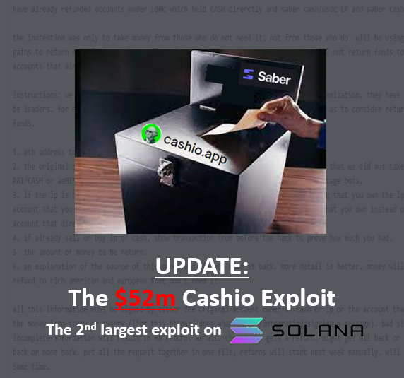 The Saint Eclectic (@sainteclectic) on Twitter photo ❗️The <a href="/CashioApp/">Cashio ($CASH) 💵</a> <a href="/Saber_HQ/">Charlyn Quidato</a> teams & Community are doing the final verification checks on the refund claims received for the exploit
This is to ensure proper validation & transparency of claims before being sent to the exploiter tonight
A quick update: 🧵👇#solana #defi #exploits ❗️The <a href="/CashioApp/">Cashio ($CASH) 💵</a> <a href="/Saber_HQ/">Charlyn Quidato</a> teams & Community are doing the final verification checks on the refund claims received for the exploit
This is to ensure proper validation & transparency of claims before being sent to the exploiter tonight
A quick update: 🧵👇#solana #defi #exploits