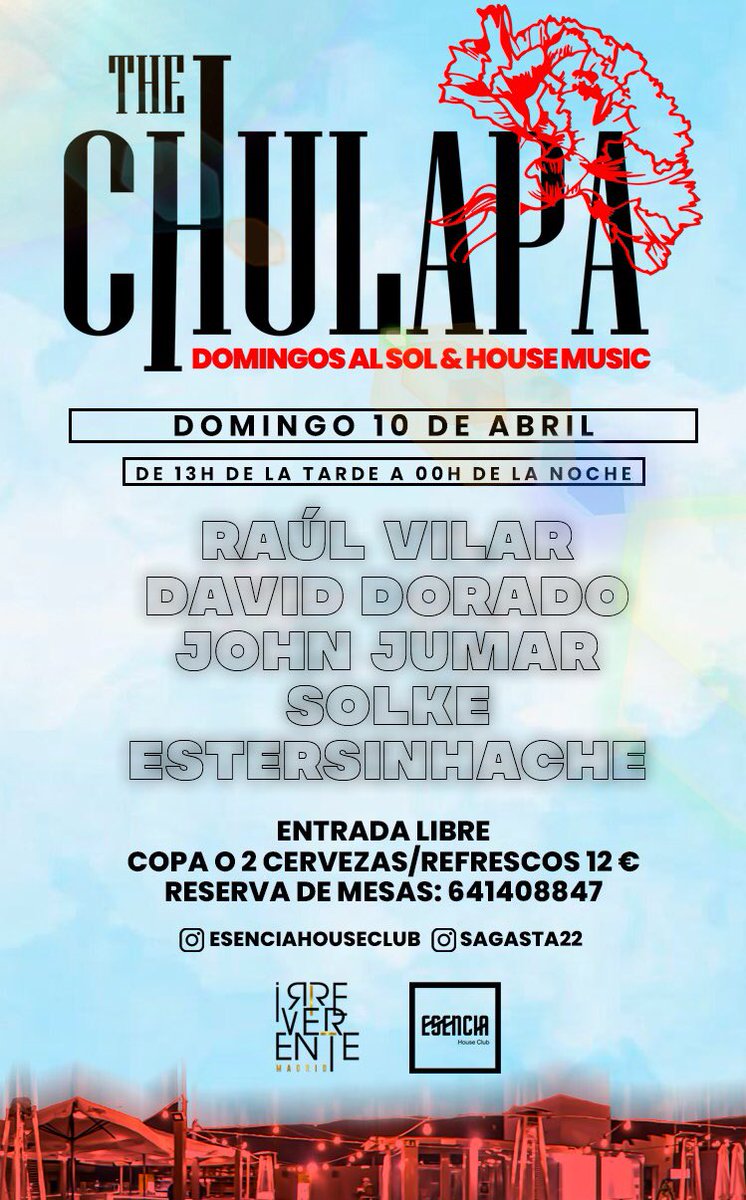 SolkeDj's tweet photo. The Chulapa Rooftop Experience Madrid @esenciahouseclub 
Os esperamos a tod@s en la inauguración de la terraza más Chulapa de Madrid! Apetece? Más info: +34 641 40 88 47
Venta de entradas Resident Advisor:
https://t.co/mxQU36TyUk https://t.co/gI2XBARrZT