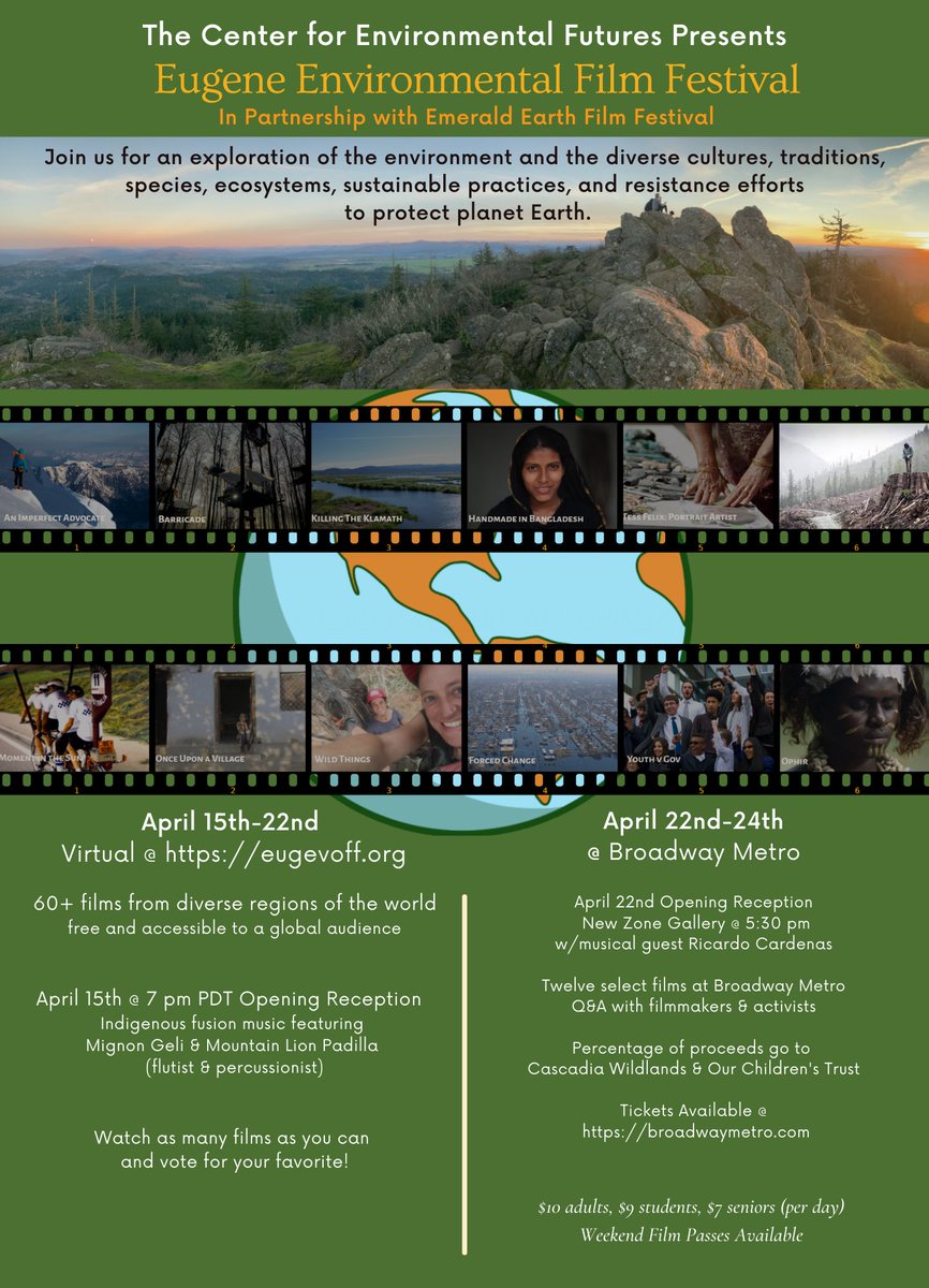 cefuoregon's tweet photo. Coming Soon! Eugene Environmental Film Festival, April 15-24
Films can be viewed at https://t.co/T07ZLBJyWn
View the schedule and purchase tickets at https://t.co/XJnOZai4GW
#filmfestival #eugeneoregon #Environnement #film #festival #cef #eeff https://t.co/GtkAgtv9lH
