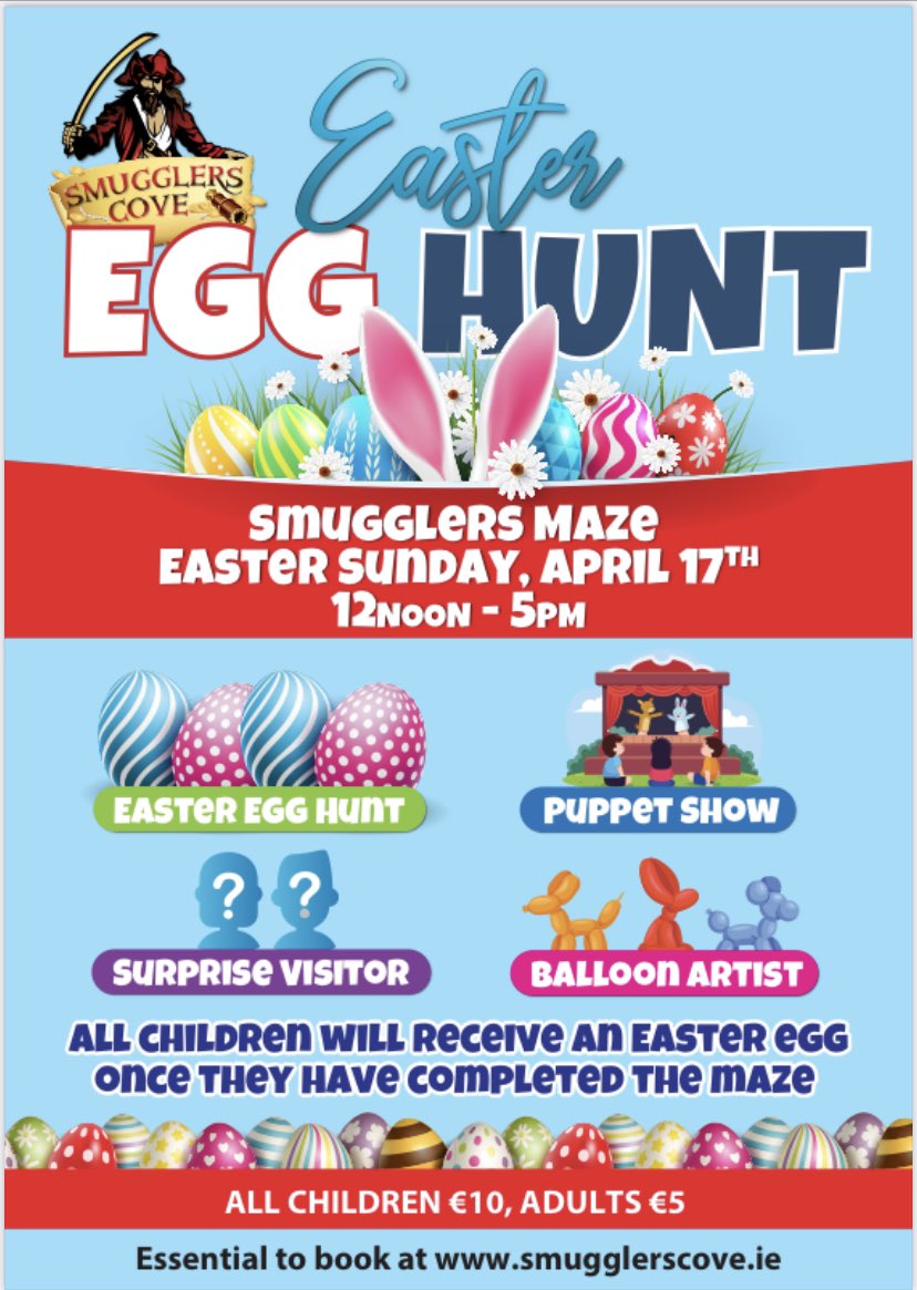 Come and join us for our Easter Eggstravaganza Fun day out on Easter Sunday, April 17th from 12noon - 5pm. Book tickets now via smugglerscove.ie/booking/ #EggHunt2022 #WestCork