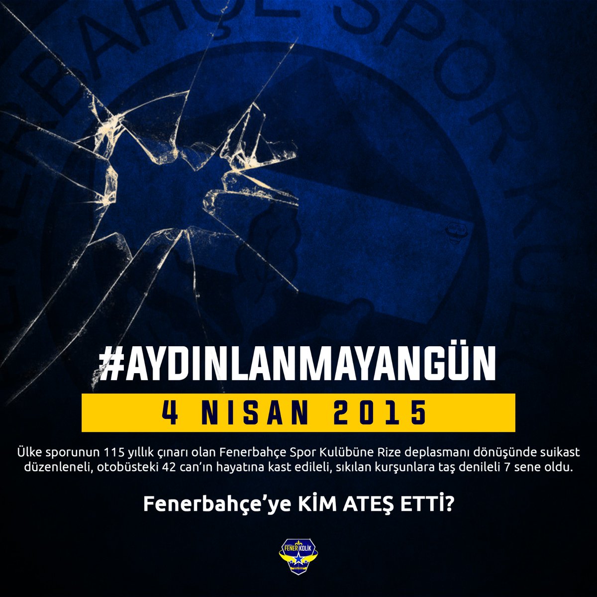 4 Nisan 2015..
Trabzon'da Fenerbahçe Takım Otobüsü kurşunlandı.
"2557" gün oldu.
Failleri hâlâ bulunamadı.

Unutma, unutturma !!
#Fenerbahce #AydınlanmayanGün