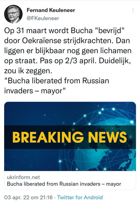 PitBackle's tweet photo. Thread:

Some conspiracy theorists insinuate/claim that the Ukrainians killed collaborators in Bucha (all the dead bodies) because there is a time difference between the withdrawal of the Russians and the discovery of the corpses.

Is not true. ❌

1/9 https://t.co/DfV0hGraRJ