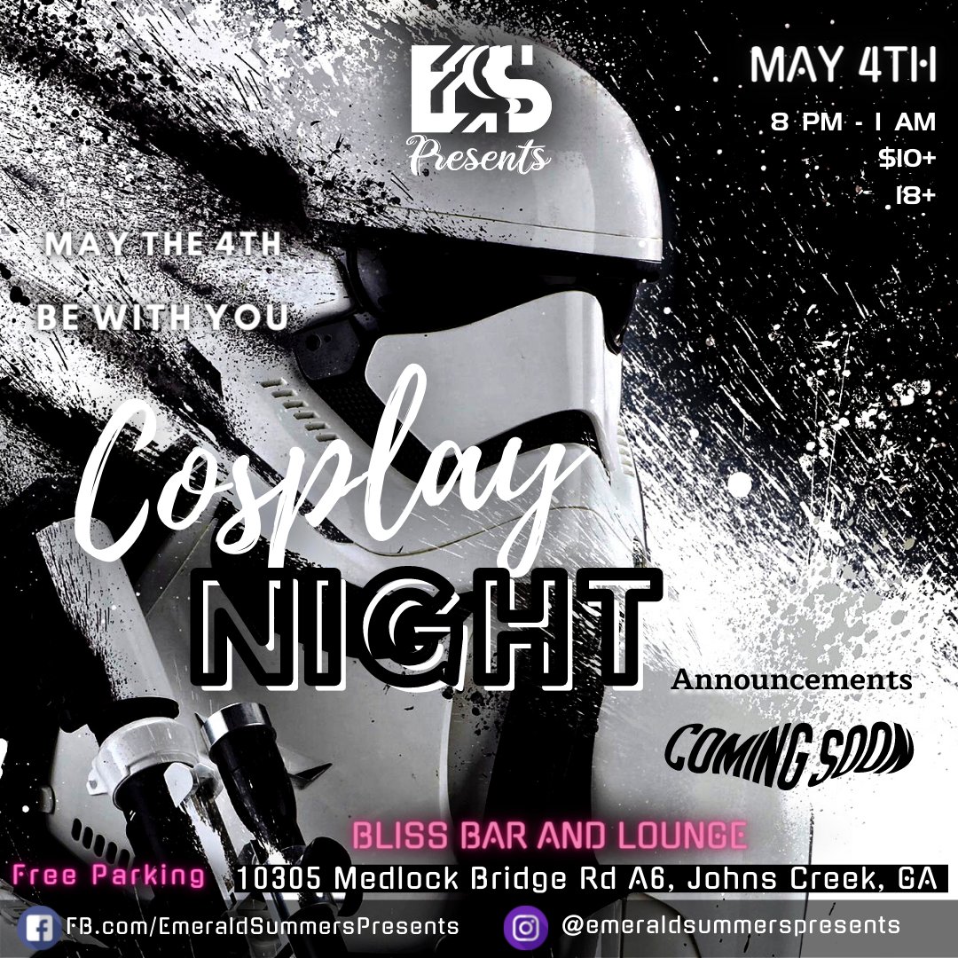 May the 4th be with you! Wear your garb from a galaxy far, far away, and grab your presale before they're gone! 
Tickets available now:
eventbrite.com/e/esp-cosplay-…
#emeraldsummerspresents #esp6monthchallenge #jumptheline #johnscreekga #atl #atlhoe #cosplay #starwars #edm #atledm