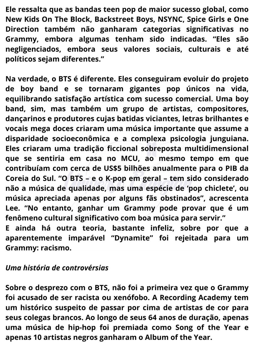 UniversBTS_'s tweet photo. 📝 Artigo da ELLE sobre o Bangtan (1/3)

“Se o BTS vencer, seria um sinal de uma vitória histórica e cultural dentro da indústria. Se não, bem, o sucesso do BTS é por si só. 
Como RM disse: Quer ganhemos o Gr4mmy ou não, já conseguimos o que queríamos e temos vocês, + https://t.co/c5Dtl49LVh