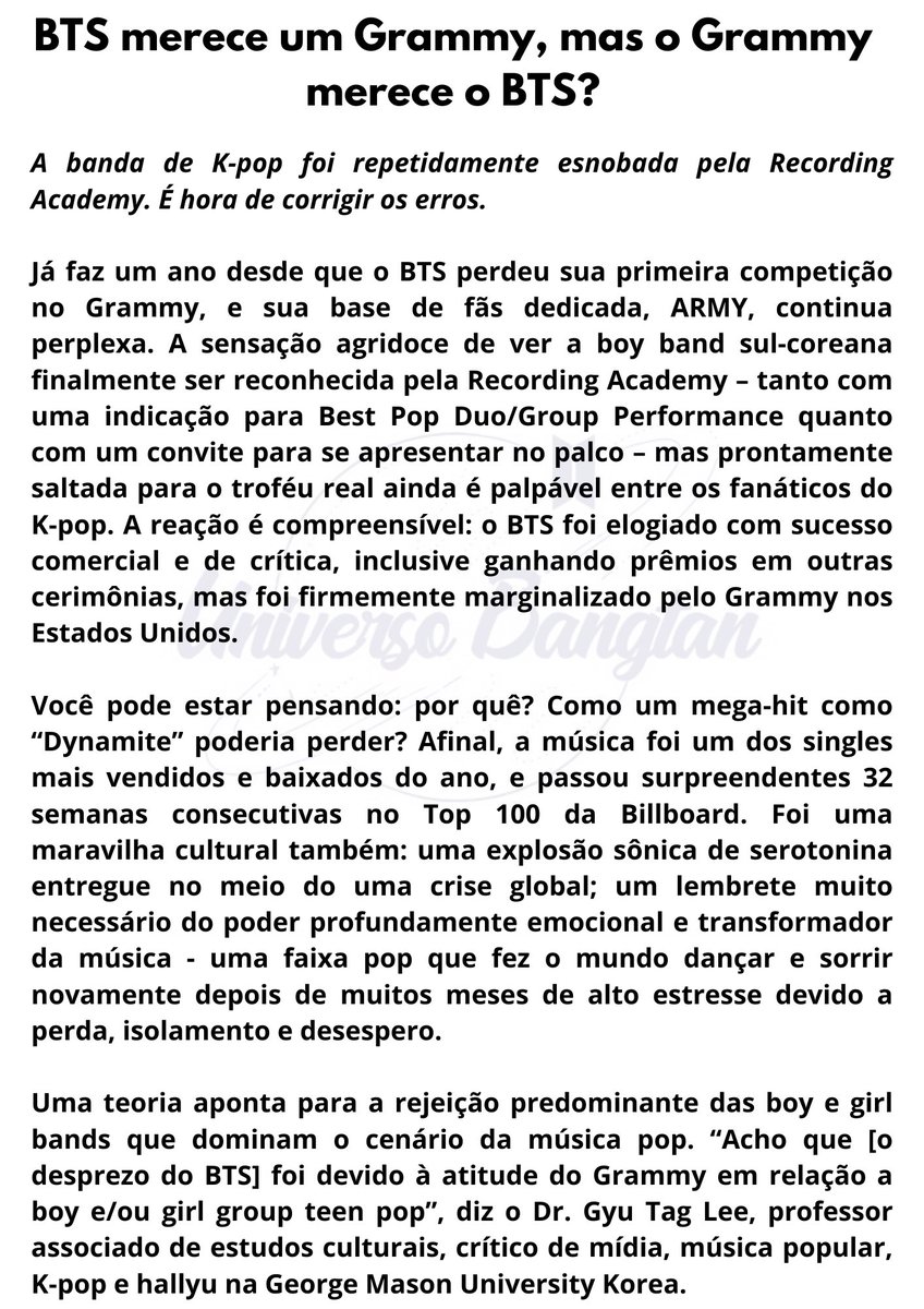 UniversBTS_'s tweet photo. 📝 Artigo da ELLE sobre o Bangtan (1/3)

“Se o BTS vencer, seria um sinal de uma vitória histórica e cultural dentro da indústria. Se não, bem, o sucesso do BTS é por si só. 
Como RM disse: Quer ganhemos o Gr4mmy ou não, já conseguimos o que queríamos e temos vocês, + https://t.co/c5Dtl49LVh