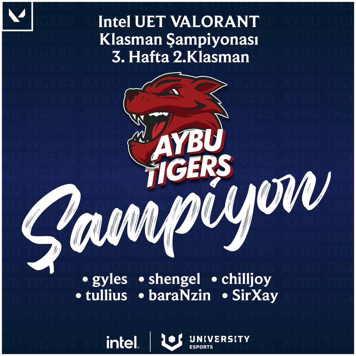 INTEL UET VALORANT Klasman Şampiyonası 3.Hafta 2.Klasmanda Gazi Üniversitesi ile oynadığımız final maçını kazanarak şampiyon olduk! Tebrikler takım.❤️❤️‍🔥 #ForzaTigers