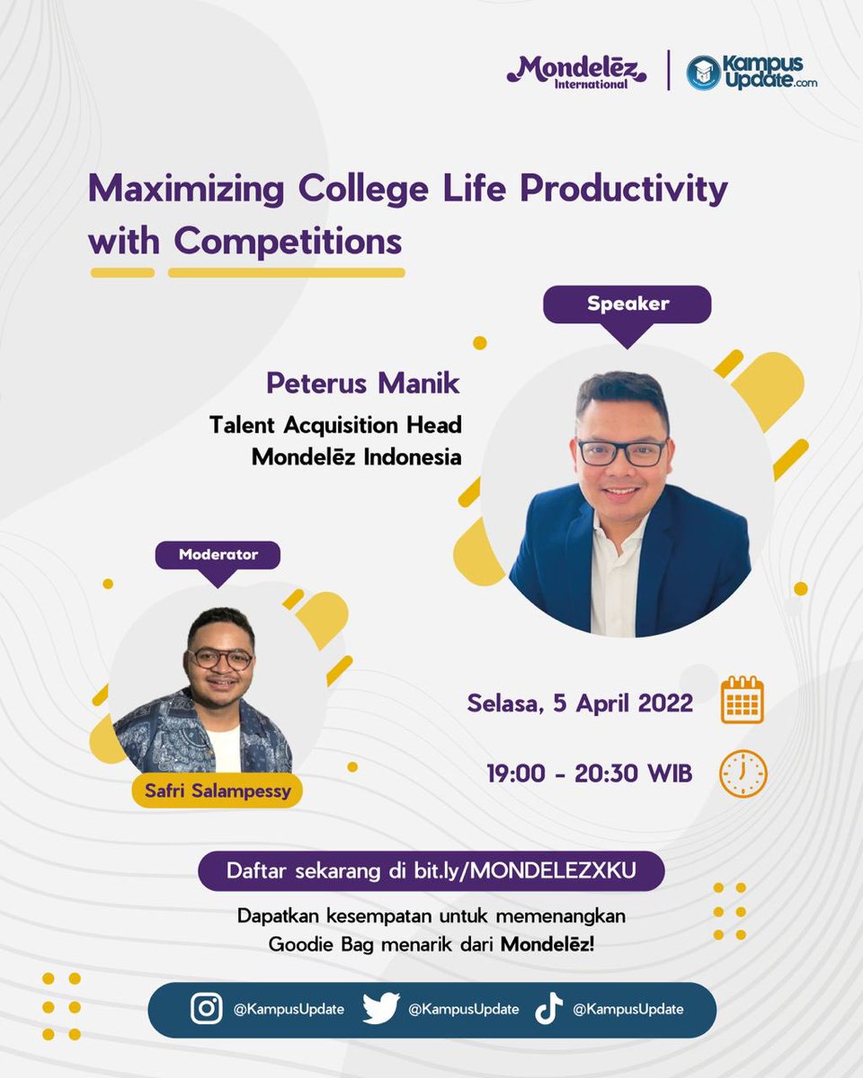 KampusUpdate's tweet photo. Mau banget jadi mahasiswa produktif?

Ikutan acara webinar Kampus Update bersama Mondelēz Indonesia dengan topik Maximizing College Life Productivity with Competitions.

Daftar sekarang di https://t.co/91IB3gtCJo

#KUXMondelēz
#KULive
#MondelēzIndonesia https://t.co/nfWALgIPUt