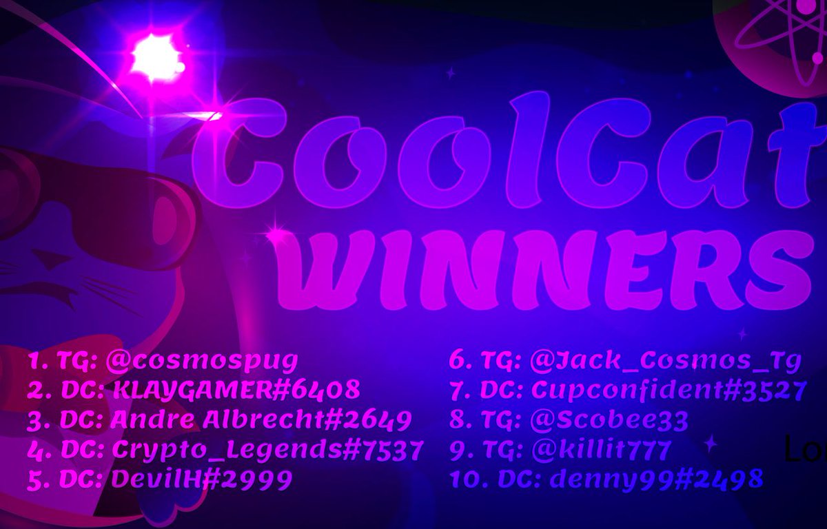 CoolCatChain's tweet photo. Ta-da! 🎊 
If you are one of these lucky winners, please get in contact with a member of our team through Telegram or Discord, who will show you the next steps you need to take to claim your prize. https://t.co/m1FUalHkQE