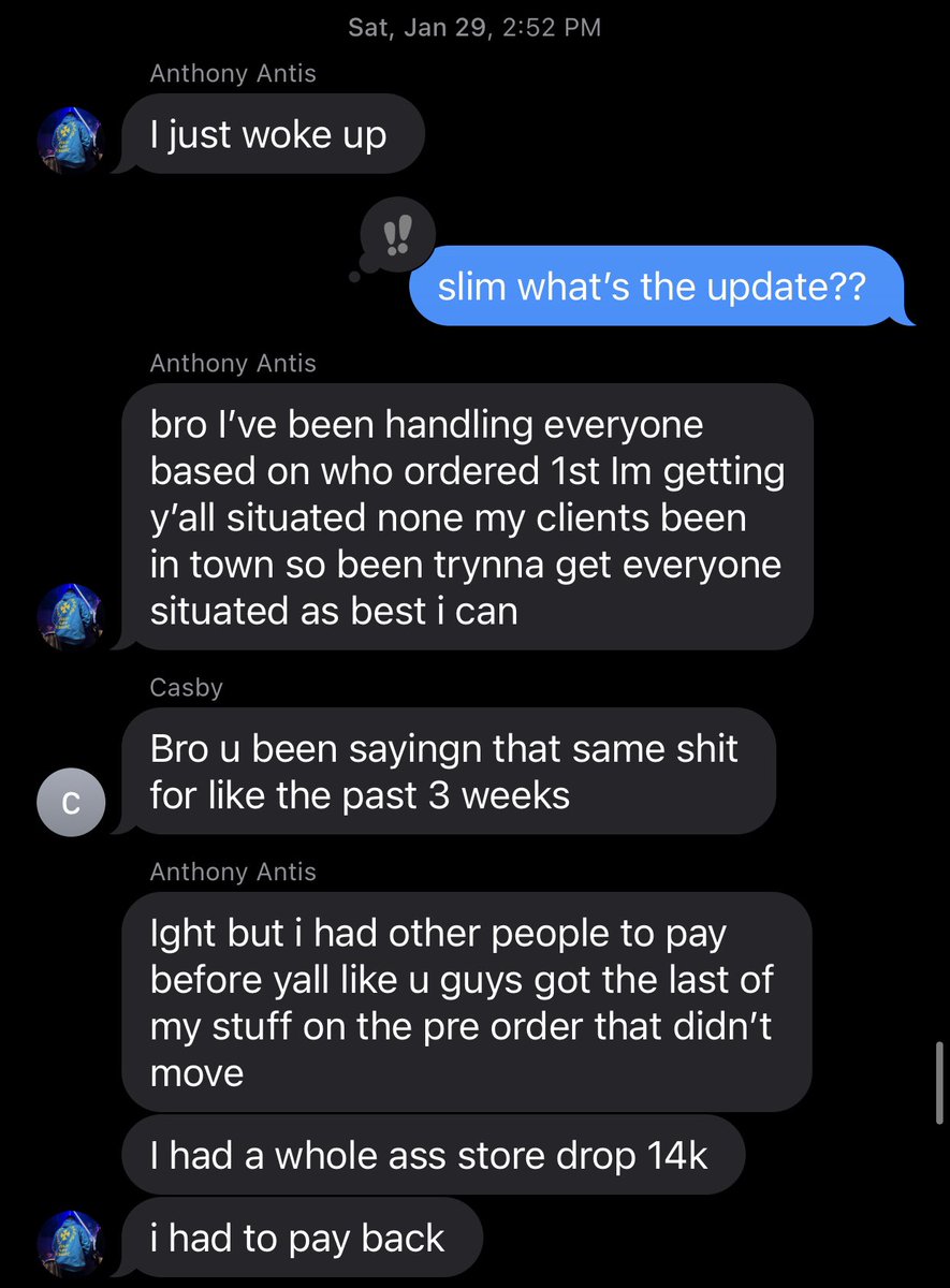 🚨SCAMMER ALERT 🚨 
Anthony Antis @ovoantis 
He owes me &amp; <a href="/1k_suave_/">$uave (AMZ FBA/FBM)</a> $2.6K for AJ1 “Patent Breds” he never shipped. Payment was sent Jan 7th 2022. Going on 3 months without a refund and everytime one of us reaches out to him, there’s a new excuse. Please Share &amp; RT.