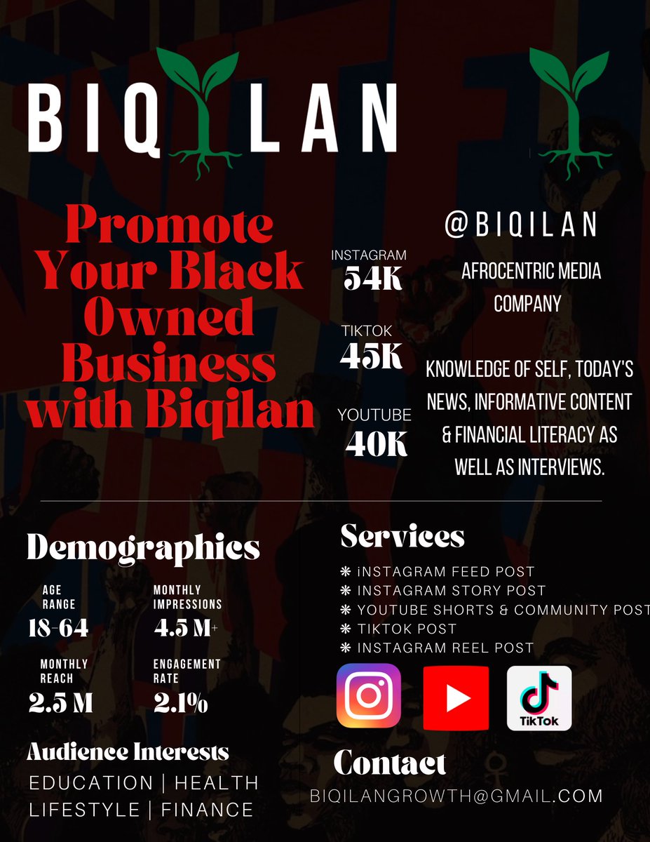 biqilan's tweet photo. NEED PROMOTION?
Promote Your Black Owned Business with Biqilan ✊🏾🌱
#Biqilam #blackbusiness #blackownedbusiness #buyblack #buypower #share #explore #educateyourself #groupeconomics #buildourcommunity #healourcommunities #unity #power #blackconsciousness #unlearnandrelearn https://t.co/lcVh5UpBUR
