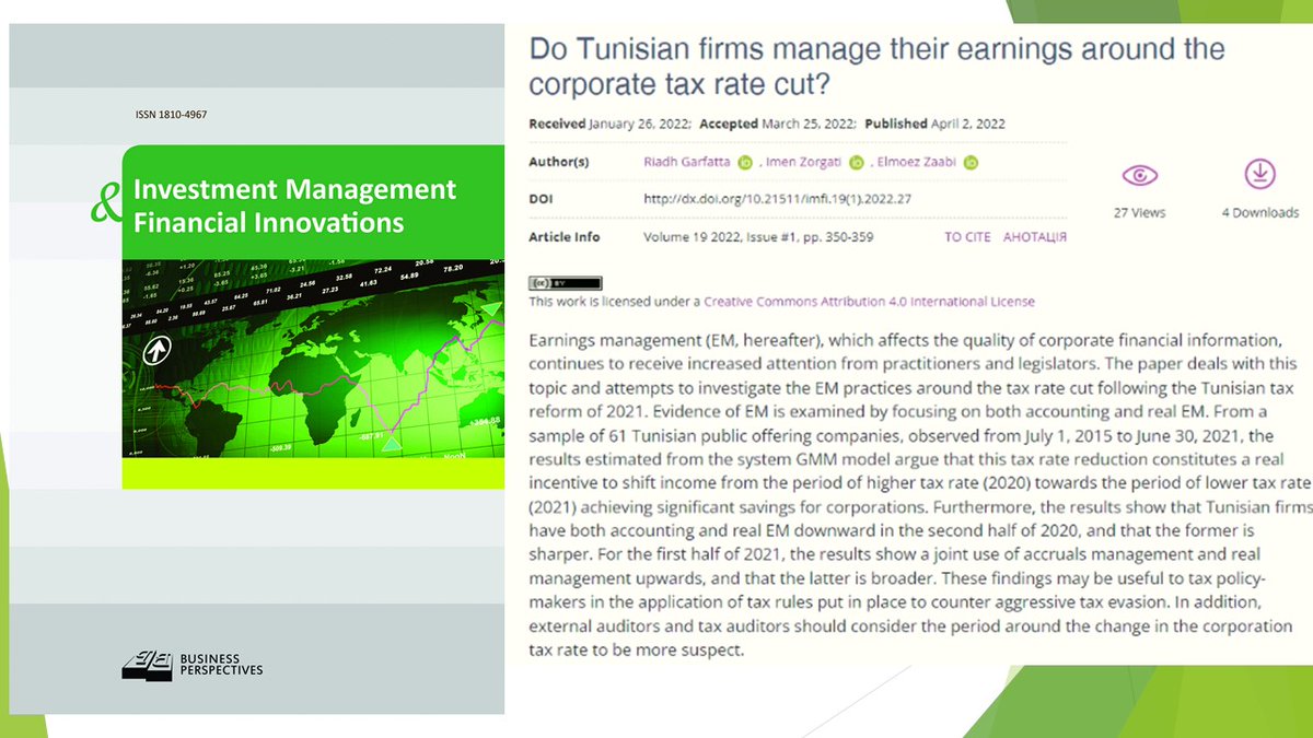 imfi_journal's tweet photo. 🔗 https://t.co/5pybAFagHS
📘 Do Tunisian firms manage their earnings around the corporate tax rate cut?
👥 Riadh Garfatta , Imen Zorgati , Elmoez Zaabi
#accountingearningsmanagement, #realearningsmanagement, #systemGMM, #taxreform, #Tunisia https://t.co/KSJRlIXclJ