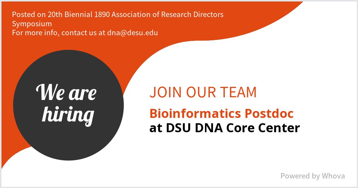 DNACoreCenter's tweet photo. We are #hiring for Bioinformatics Postdoc at DSU DNA Core Center. Message me if you're interested in joining our team. We are attending 20th Biennial @1890ard 1890 Association of Research Directors Symposium if you would like to meet! #Pathways2ARD2022 #1890ARDSymposium #1890ARD https://t.co/1RQSo6WR7J