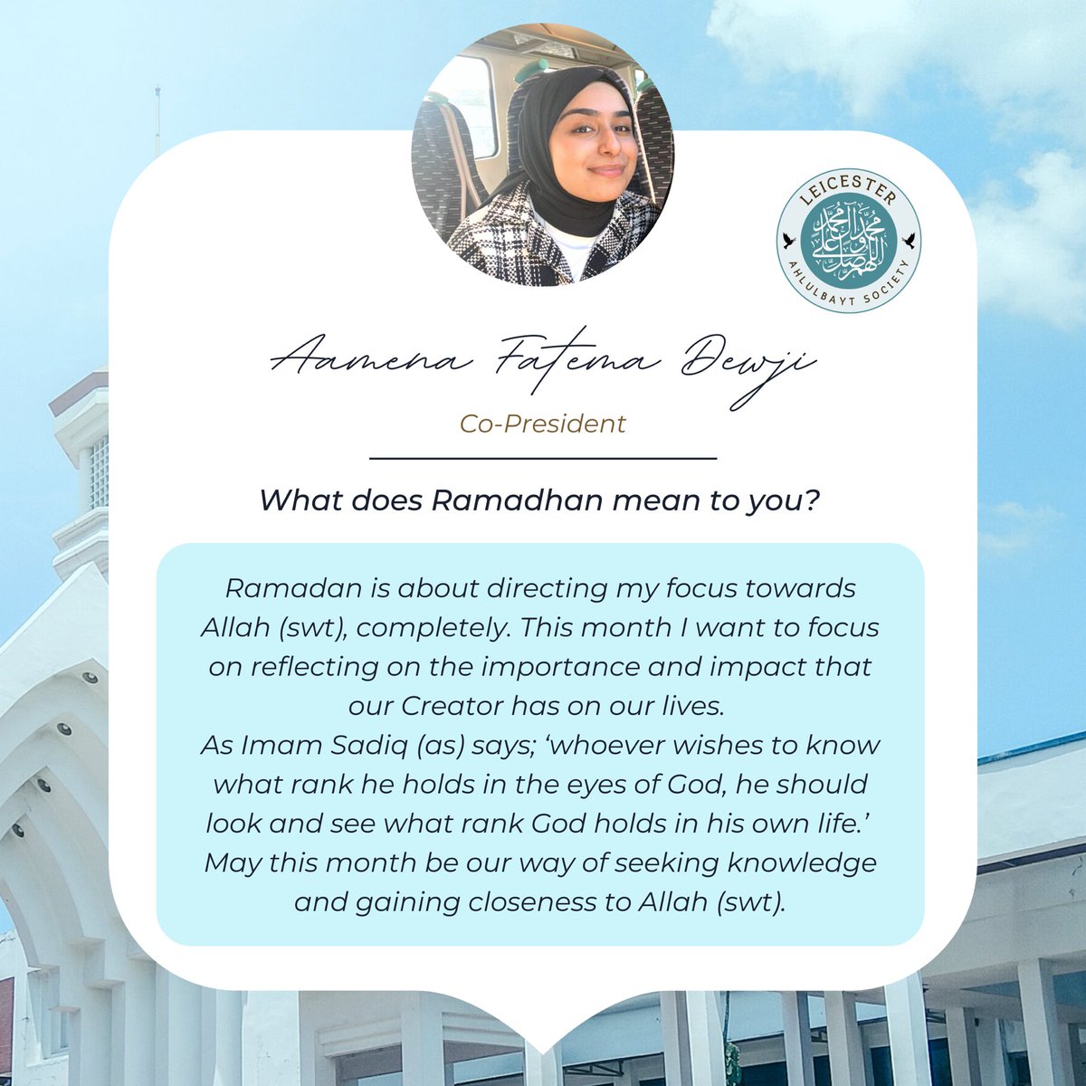 Leicesterabsoc's tweet photo. Leicester ABSOC’s Ramadan series!
Featuring our wonderful committee and their thoughts on the month of Ramadan! https://t.co/I2kuXDYm5g