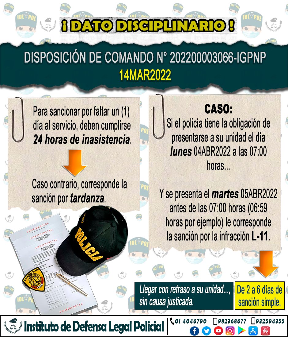 InstitutodeDef1's tweet photo. ¿Puedo llegar a mi unidad con 23 horas de tardanza❓ 🧐🧐🧐
...
......
#ProcedimientoDisciplinarioPolicial  #PNP
#InfraccionesLeves  #Tardanza  #Servicio
#SociosIDLPol  #DisposiciónDeComando
__________________________
¿Deseas ser socio? 👇👇👇
📲📲📲 https://t.co/GULHCfW93M https://t.co/gUswWYtGMC