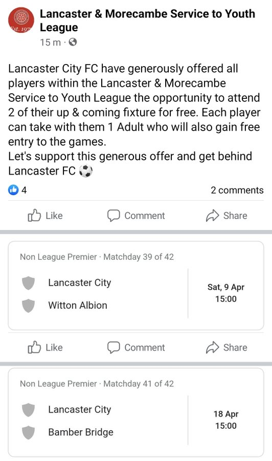 servicetoyouth's tweet photo. Really pleased to send this opportunity out to all our member clubs ,big thanks to @LancasterCityFC for this generous offer . https://t.co/iSAJLvKHIX