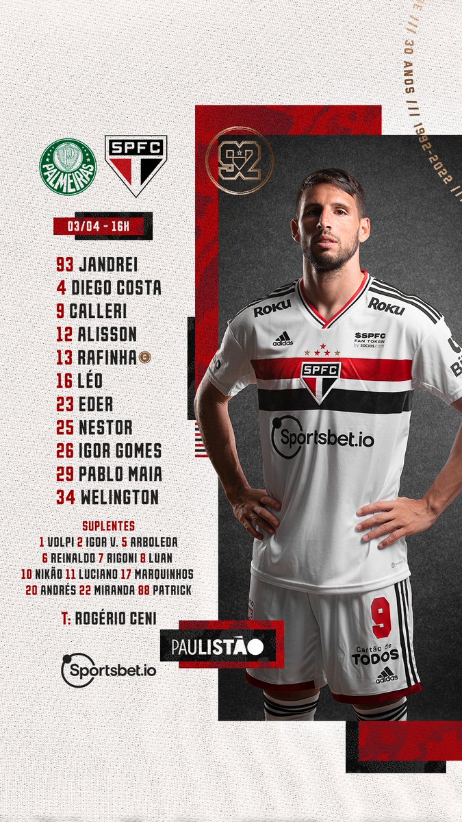 SaoPauloFC's tweet photo. Tricolor escalado! 

⚽ Palmeiras x São Paulo
🏟 Allianz Parque
⏰ 16h
🏆 @Paulistao

📺 Record, Premiere, HBO Max, Estádio TNT Sports, Paulistão Play e YouTube do Paulistão

🎙️ SPFCtv [https://t.co/CJlTQA0r29]

#SejaSócioTorcedor
#VamosSãoPaulo 🇾🇪 https://t.co/li7jvDhAGe