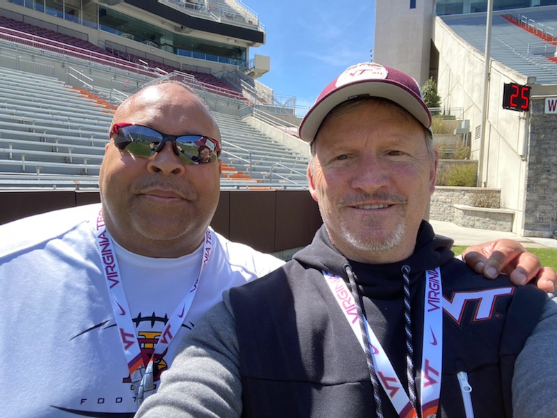 BallCoach34's tweet photo. Great time at VA Tech with a few Cardinals &amp; Coach Simpson yesterday. Scrimmage &amp; drill segement of practice  was outstanding! @CoachPryVT is packing the lunch pail full of hard work for the Hokies 🔥🎯🏈💯 https://t.co/3u4SJ7JjDm